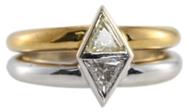18k Two Tone Gold Triangle Cut Two Stone Diamond Engagement Ring (Natural light Fancy Yellow & White Diamonds, SI Clarity)